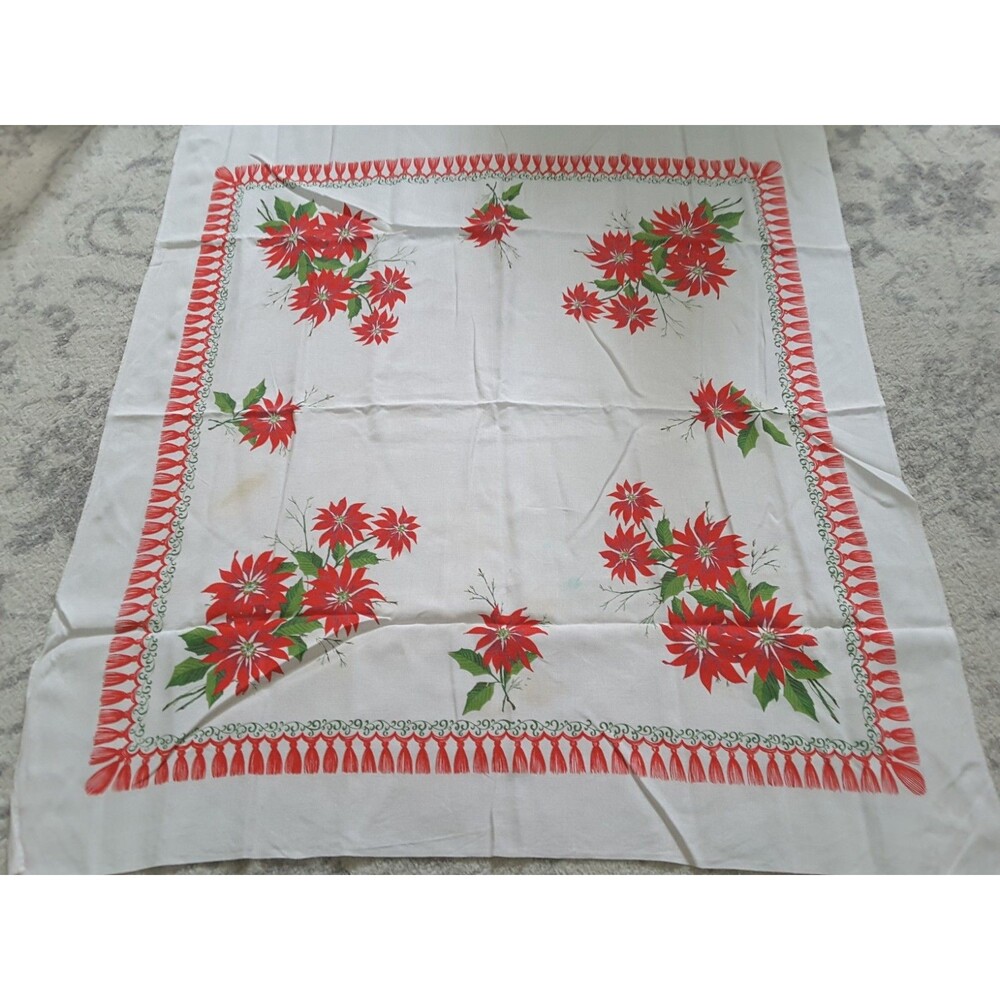 Vintage Linen Christmas Tablecloth Poinsettia 50x49